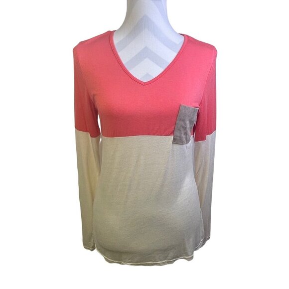Pixley Stitch Fix Matata Faux Suede Pocket Knit Top Small Coral Ivory Brown - Picture 1 of 7